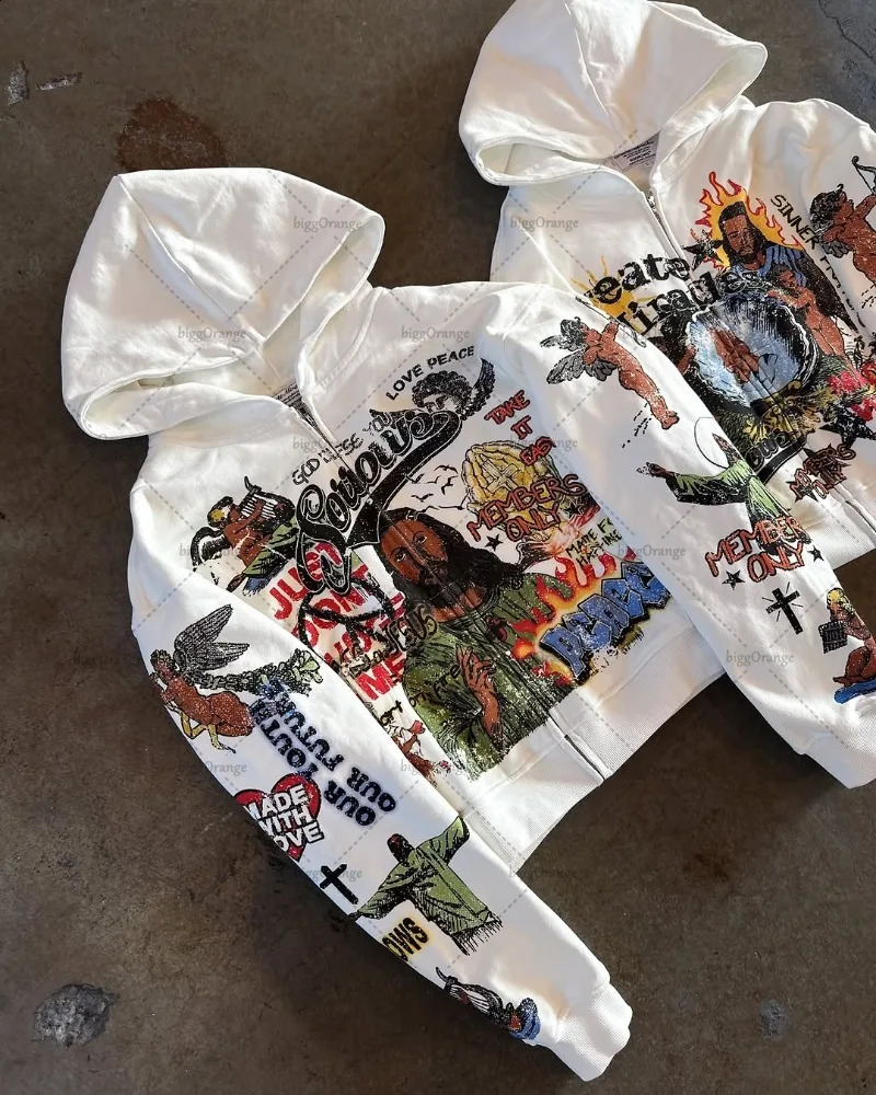 Hip-hop American Y2k Hoodie Godfather Print Fashionable Oversized Zipper Sweatshirt Women Casual Personality Retro Clothing Men 250415