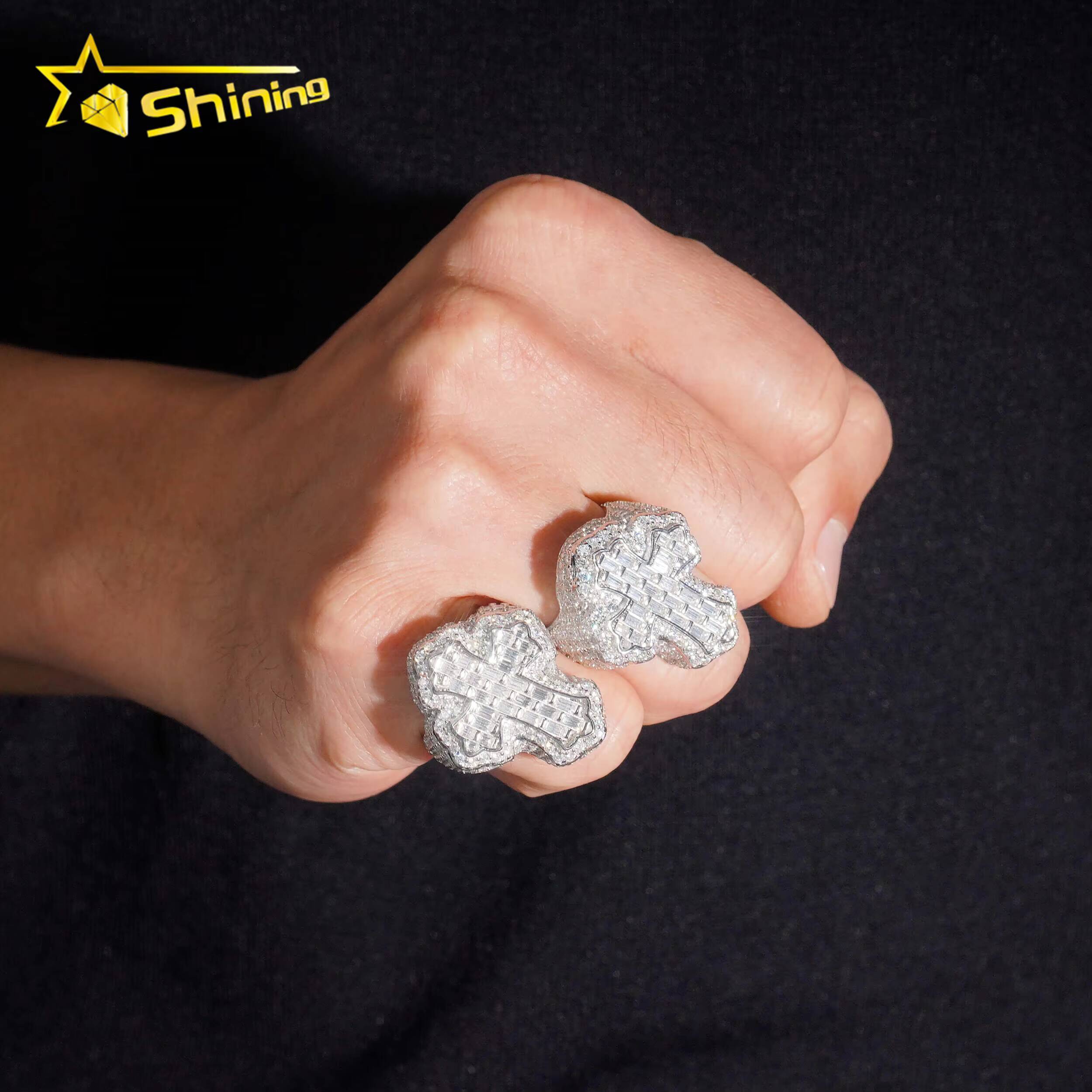 Hot Selling Moissanite Mens Ring USA Local Stock Shipping 925 Silver Baguette Moissanite Cross Ring GRA Certificated