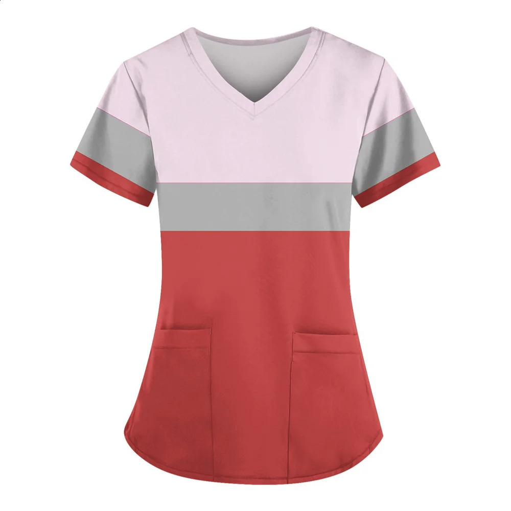 Scrubs for Women Trendy Nursing Workwear Summer Short Sleeve V Neck Uniforms Cute Casual Scrub Tops with Pockets 2025 250415