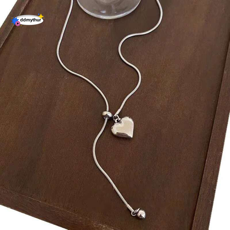 Stainless Steel Long Necklace with Heart Pendant Adjustable Chain Sweater Jewelry for Women Accessories ddmythur