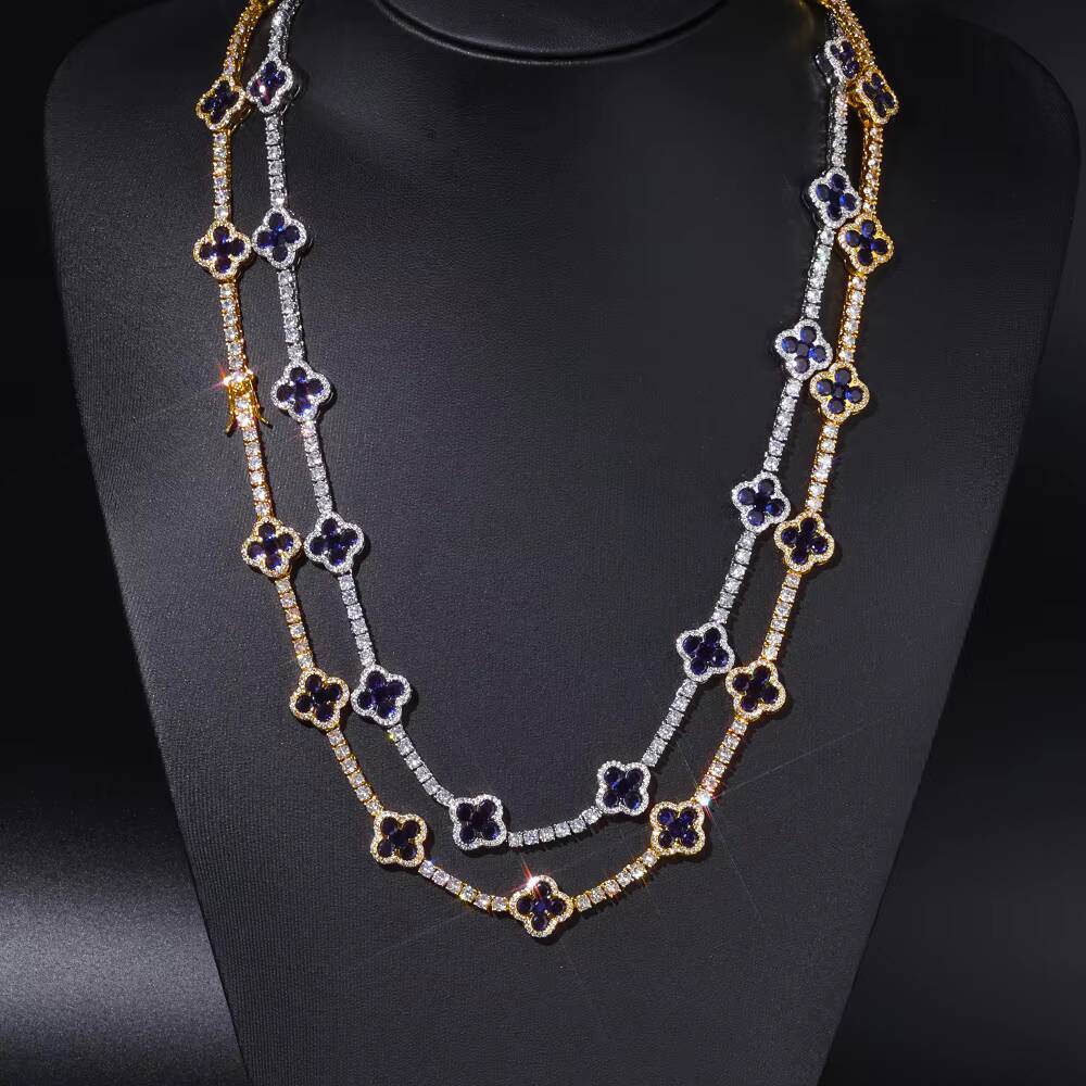 Moissanite Iced Out Cubic Zircon Tennis Chain Four-leaf Clover Tennis Chain Choker Necklace Women Gold Plated Fine Hiphop Jewelry