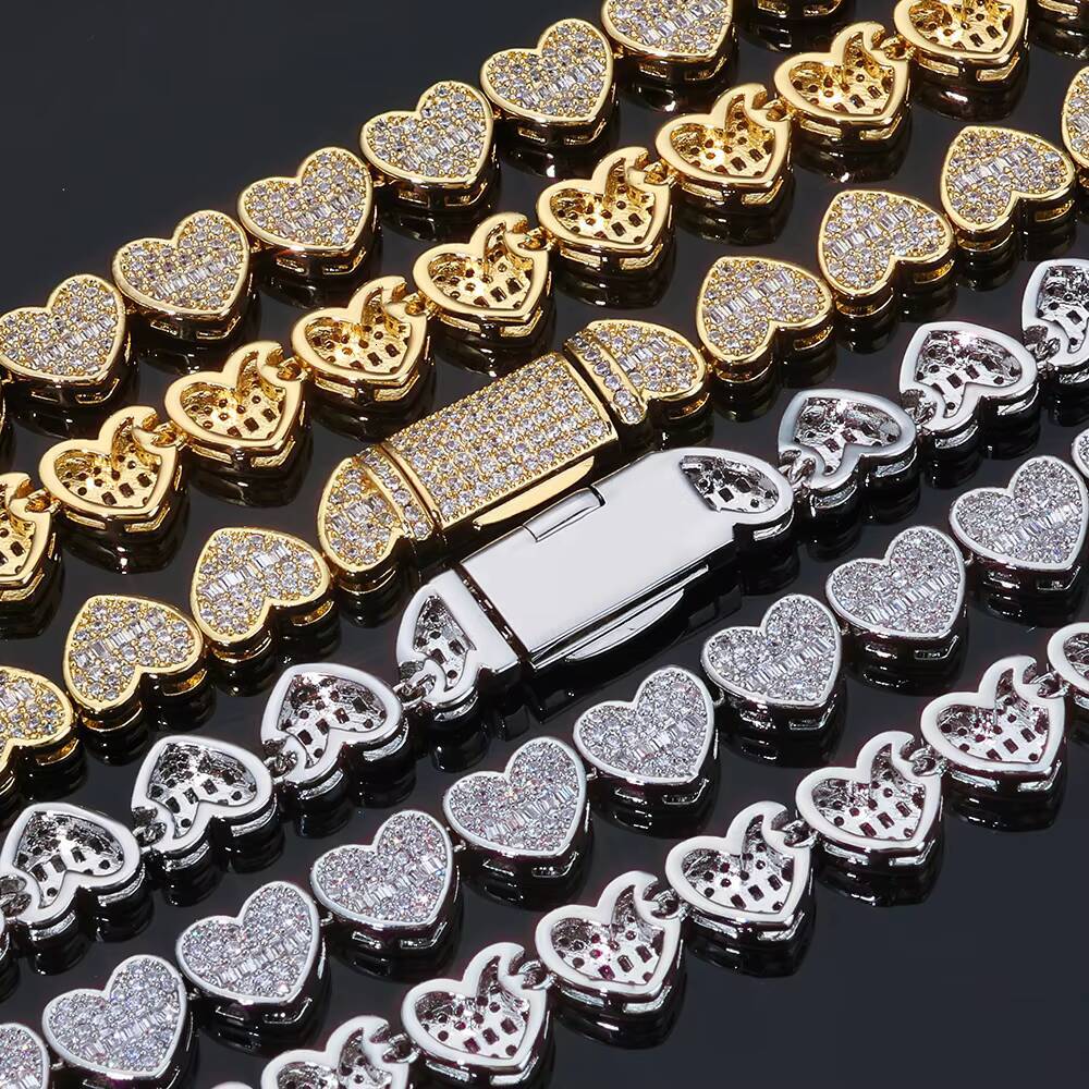 Moissanite Silver Plated Cluster Tennis Chain 8mm Iced Out Zircon Mixed Inlay Baguette Diamond Heart Design Necklace Hip Hop Jewelry