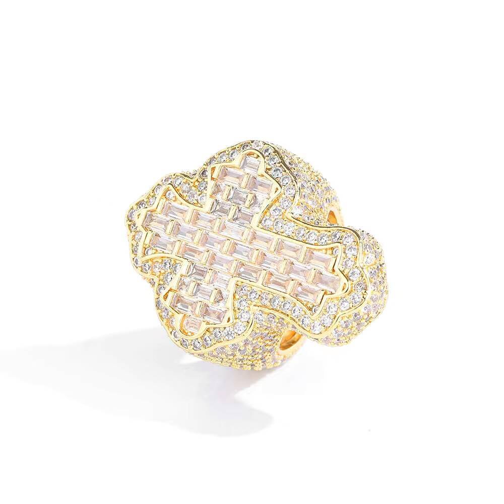 Moissanite Hip Hop Baguette Diamond Luxury Rings 18k Gold Plated With Iced Cubic Zirconia Cross Ring for Men Women
