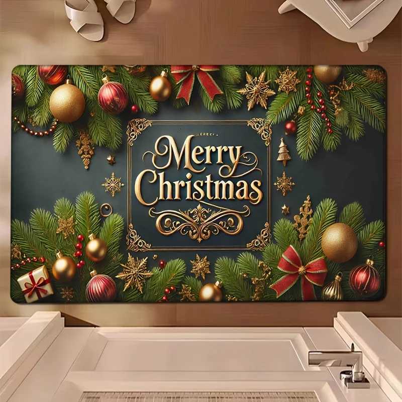 Merry Christmas Flannel Door Mat Carpet Festive Tree Ball Design Non-Slip Thick Sponge for Bedroom Kitchen Bathroom DecorM251117