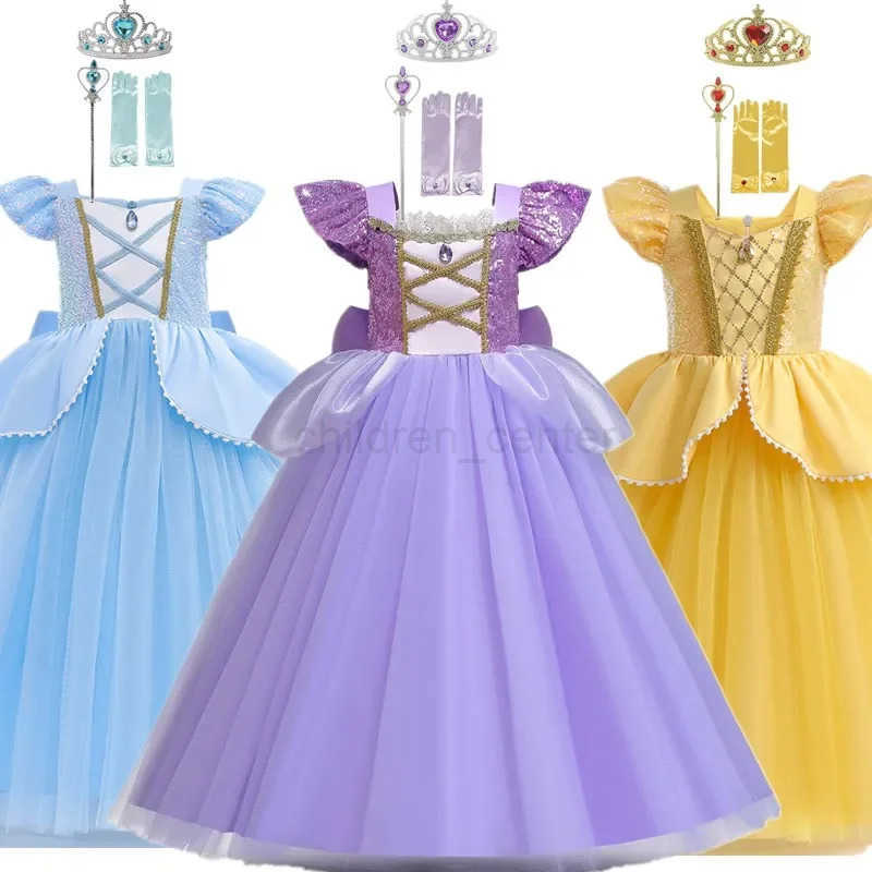 Disney 2025 New Princess Costume for Girls Carnival Party Cosplay Peach Princess/Elsa/Belle Halloween Mermaid Costume for Kids W20250417