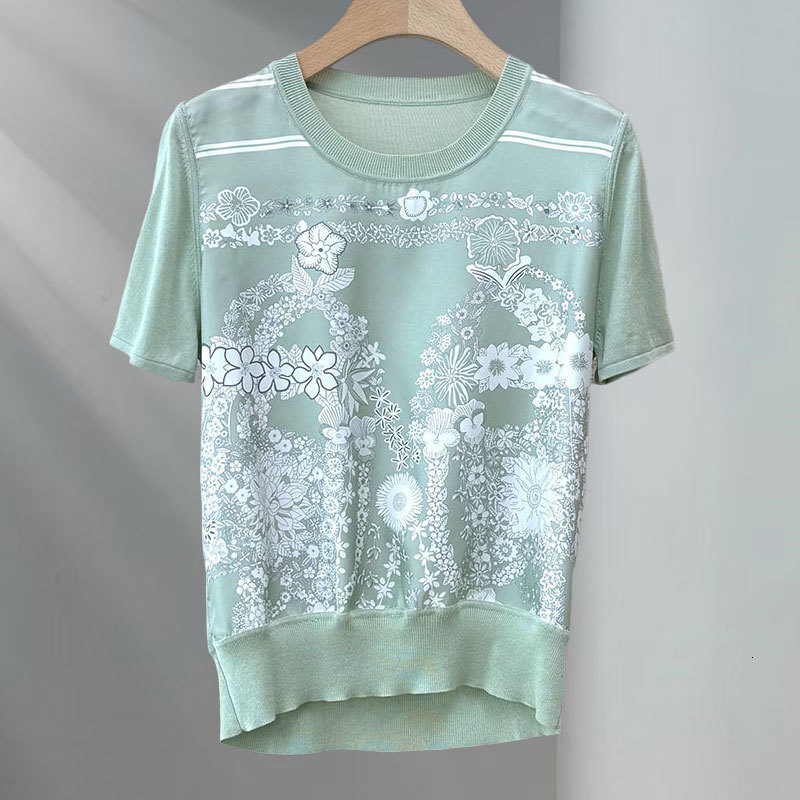 Women's Floral Print Silk T-Shirt Fashion Round Neck Multi-Color Loose Short Sleeve Top High-Quality Trendy Sexy Streetwear Luxury Designer Knit 