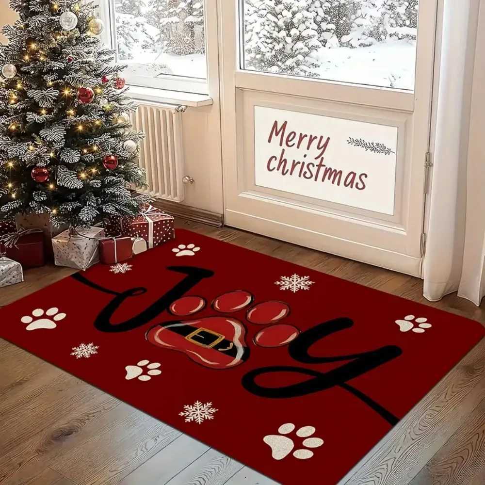 1 pcs Christmas Red Paw Print and Snowflake JOY Pattern Doormat Machine Washable Perfect for Entrance Living Room HallwayM251117