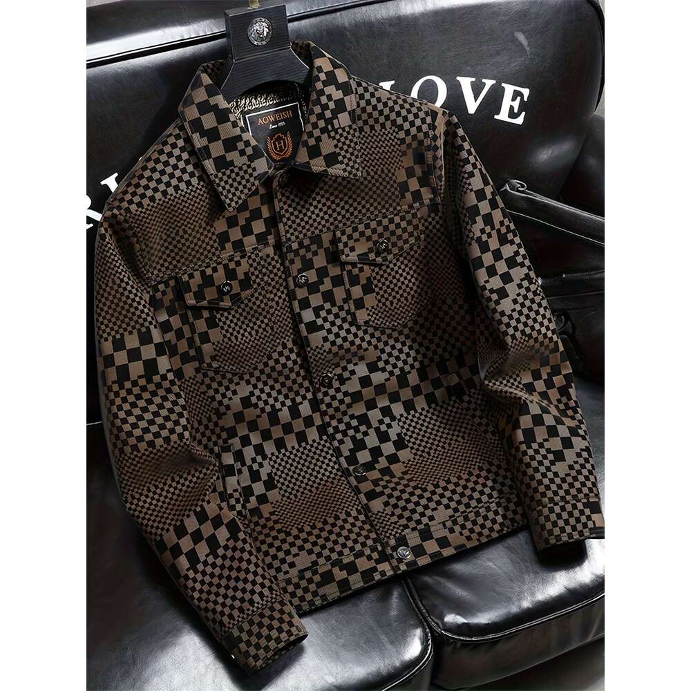 Men's Coat Polyester Men's Checkered PU Coat Jacket - Black Brown Houndstooth Pattern, Lapel Collar, Single-Breasted Button Front With Chest