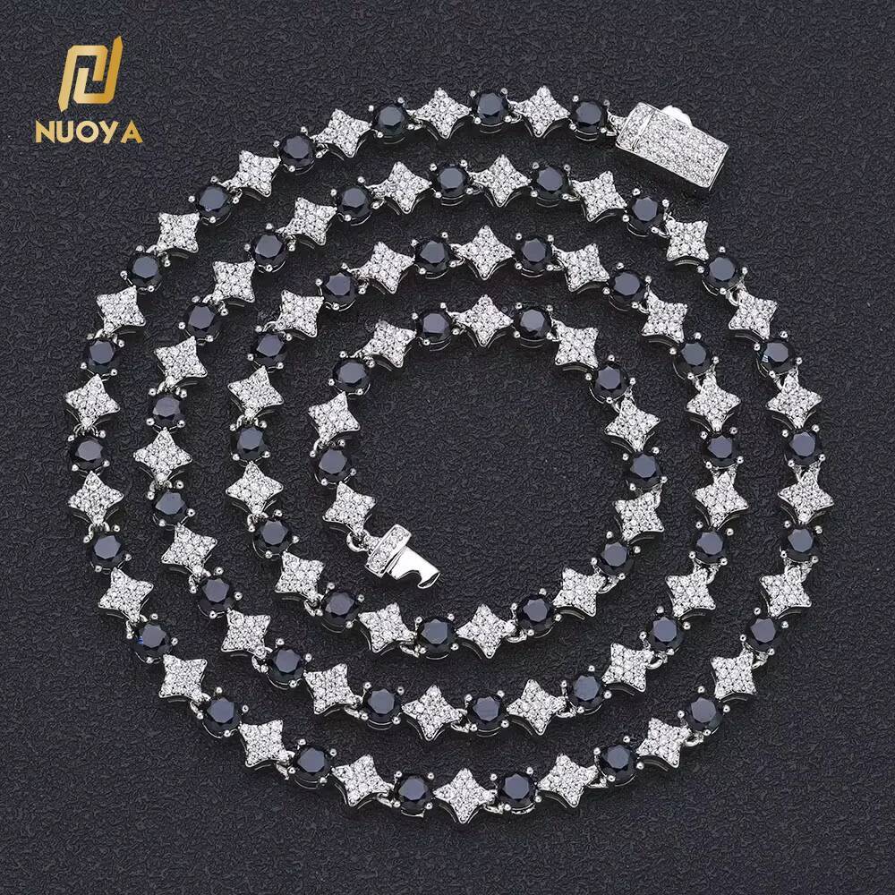 Moissanite 6mm Sparkling Diamond Tennis Chain Necklace Spring Lock Clasp Round Zircon Star Design Iced Out Chain Hip Hop Jewelry