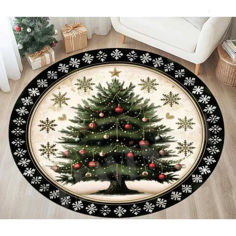 Christmas Tree Round Rug with Holiday Ornament Pattern Festive Carpet Mat for Bedroom Living Room New Year DecorM251117