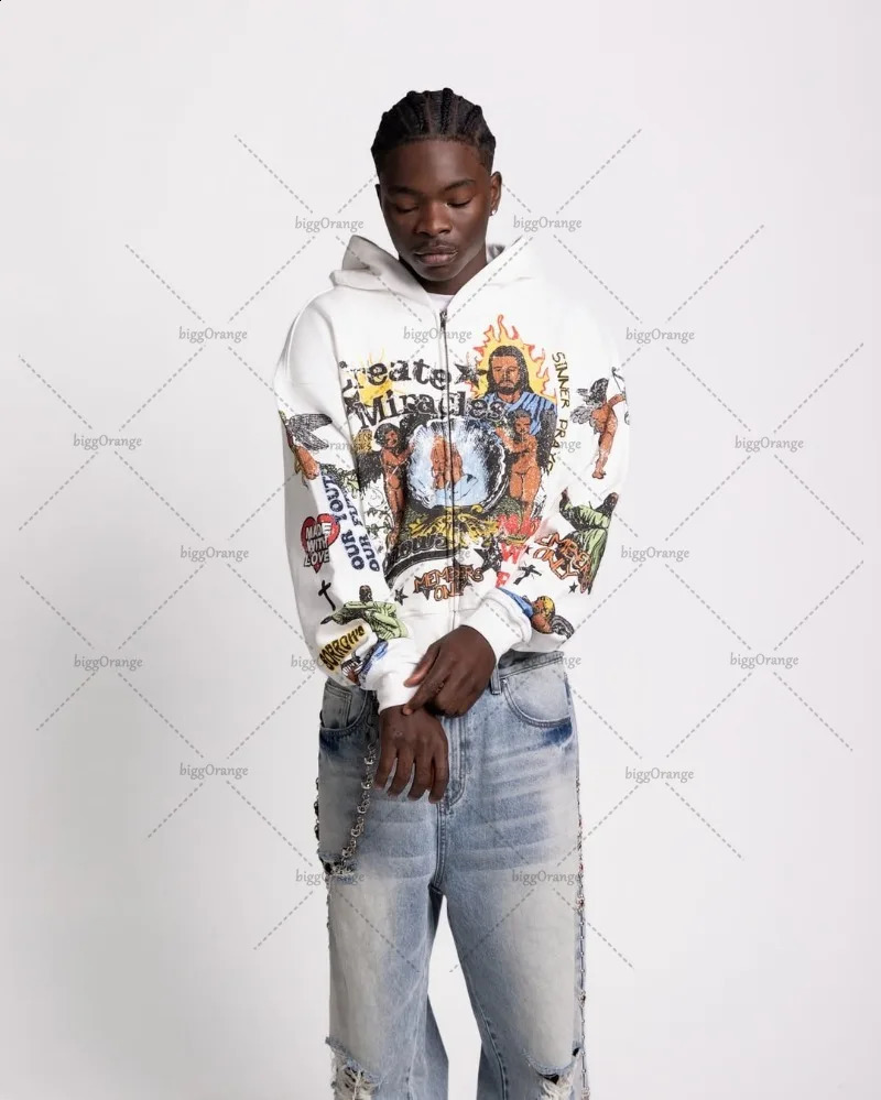 Hip-hop American Y2k Hoodie Godfather Print Fashionable Oversized Zipper Sweatshirt Women Casual Personality Retro Clothing Men 250415