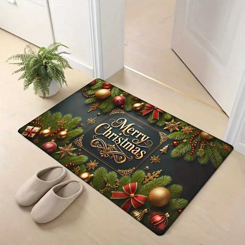 Merry Christmas Flannel Door Mat Carpet Festive Tree Ball Design Non-Slip Thick Sponge for Bedroom Kitchen Bathroom DecorM251117