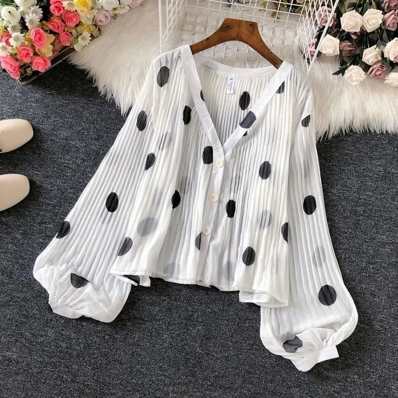 Polka Dot Casual V-Neck Chiffon Single Breasted Lantern Sleeve Folds Womens Blouse Shirt Female Clothing Tops Fashion 250417