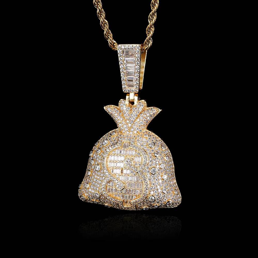 Moissanite Hip Hop Iced Pendant Jewelry Gold Plated Necklace Full Pave Cubic Zirconia Money Bag Pendant
