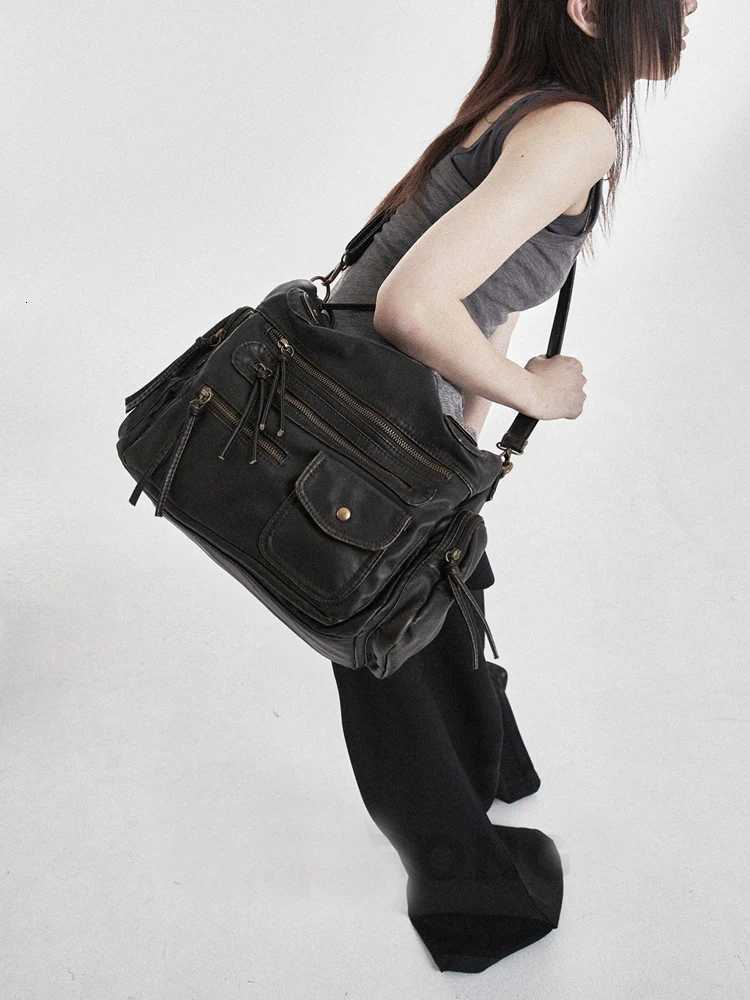 high quality bag Soft leather retro One shoulder messenger bag large capacity tote bag punk multi pocket Y2Kmotorcycle bagW251115