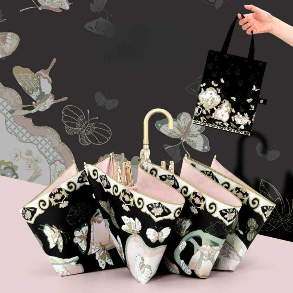 Folding Umbrella Urved Handle Gold Hook Umbrella Vintage Sun Umbrella Protection Anti-Uv Umbrell Rain Dual-Purpose Umbrella C251117