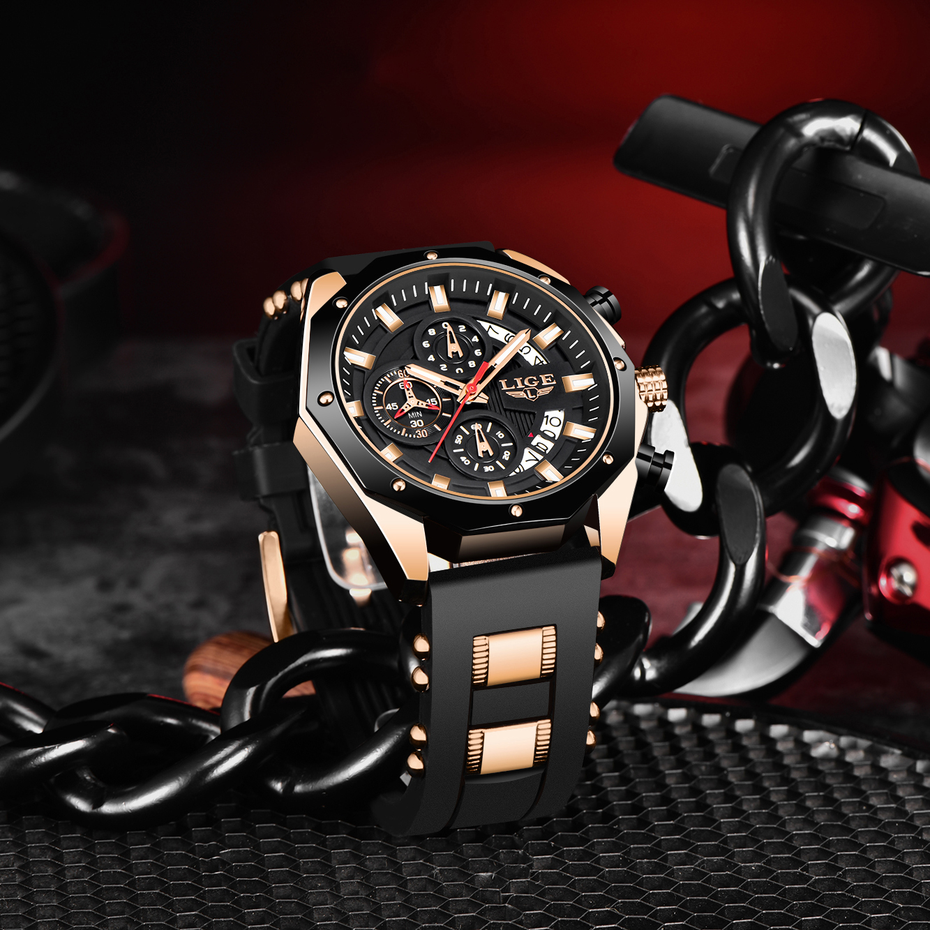 LIGE Mens Watches Brand Luxury Silicone Strap Waterproof Sport Quartz Watch Men Chronograph Military Clock Multi-function chronograph Quarzuhr