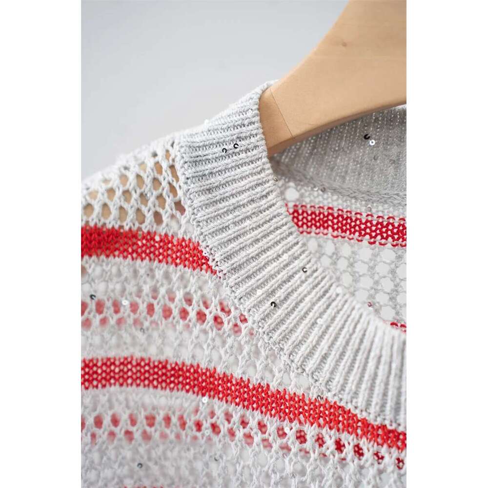 Naizaiga 100 EN O-Neck Long Sleeve Red Gray Striped Sequins Loose 2025 Spring Women Pullover Sweaters Ry15a