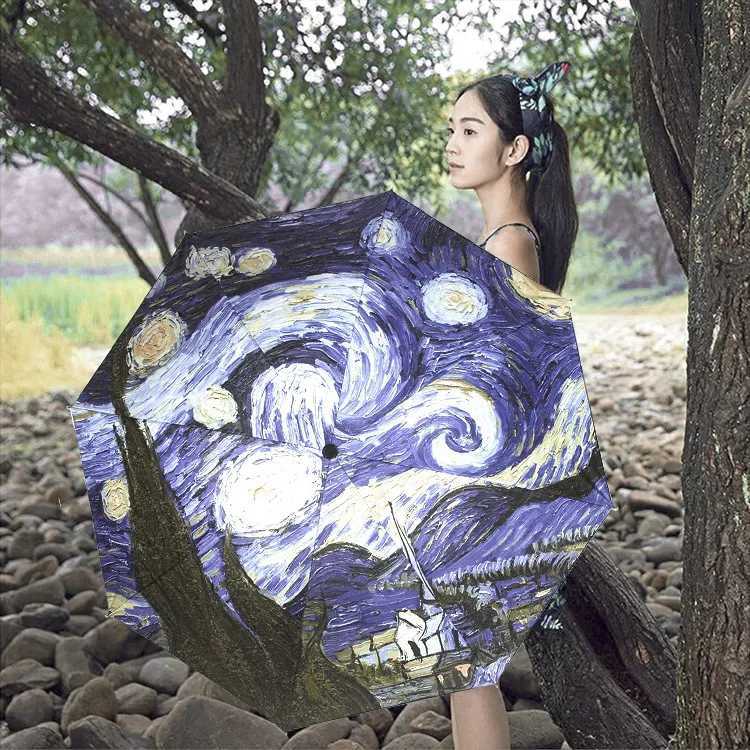 Van Gogh Art Painting Umbrella Women Men Sun Paraguas Anti UV Vinyl Fold Rain Umbrellas Outdoor Parasol For Gifts C251117