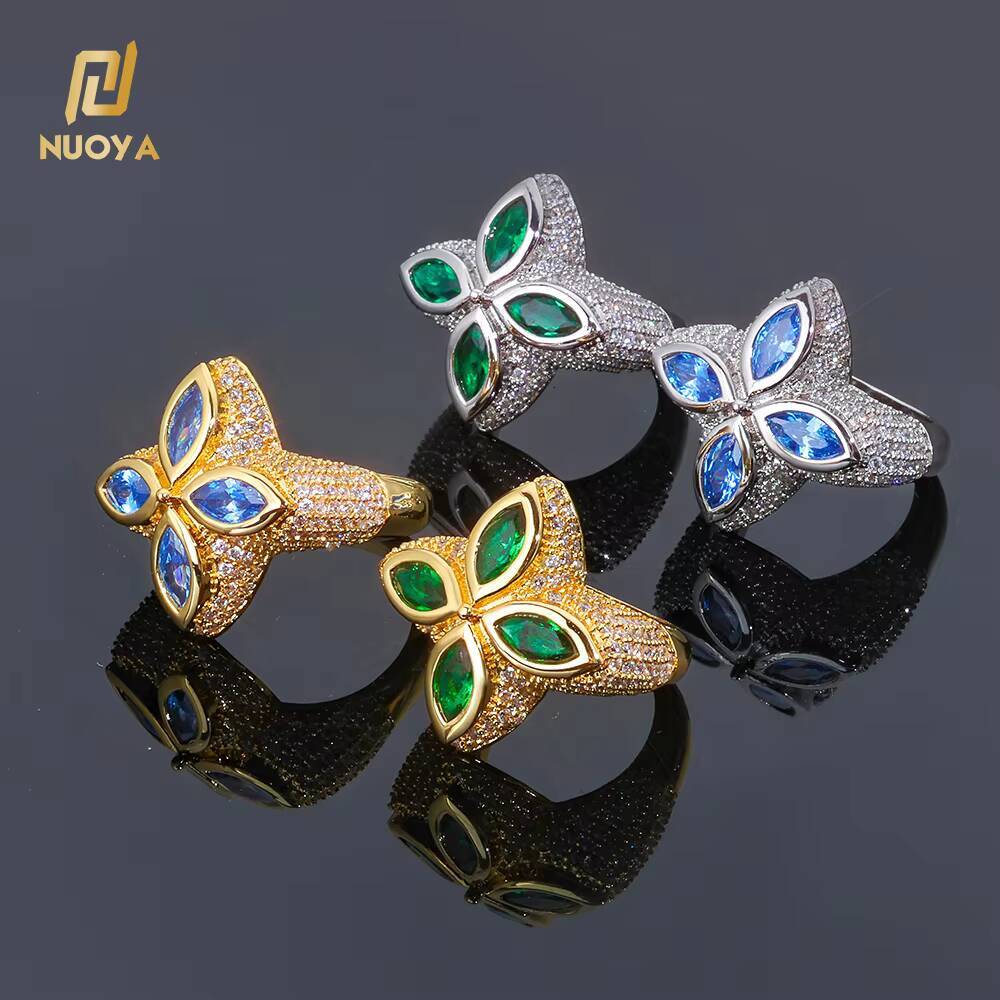 Moissanite Hip Hop Jewelry Gold Plated Four Leaf Zircon Ring Womens Trendy Bling Green Blue Gemstone Flower Shape Iced Out Ring