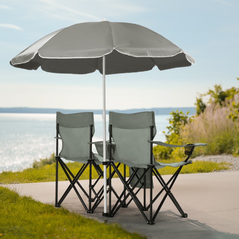 2-Seat Folding Chair Outdoor Portable Grey with Removable Sun Umbrella Space Saving