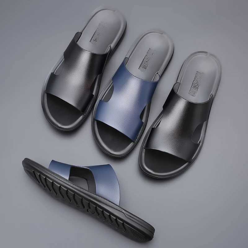 Yomior New Fashion Casual Mens Shoes Apartment Summer Slide Outdoor Sandals Beach Work Slide Soft Leather Flip Shoes Designer Y250417