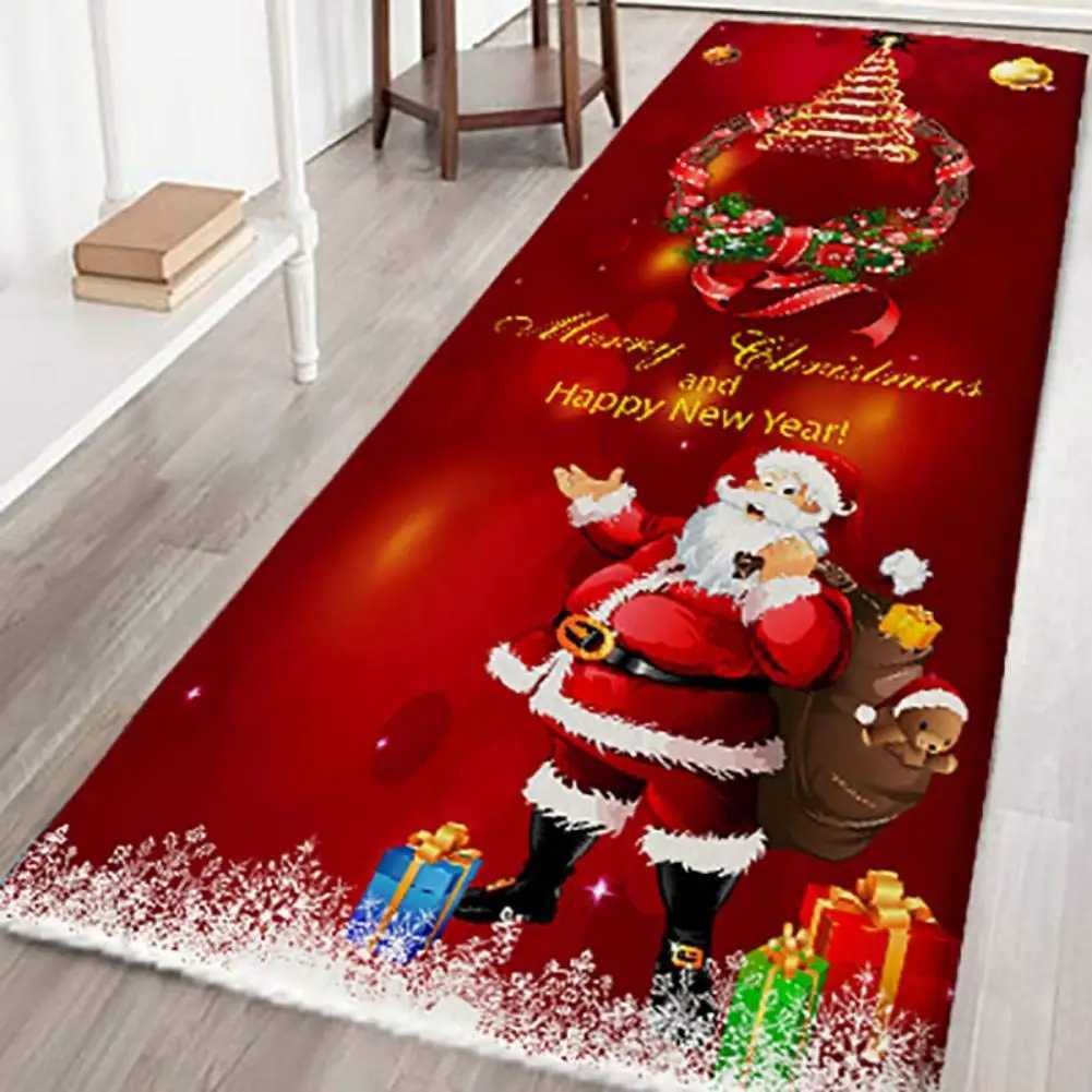 VIKAMA Christmas Runner Rug Santa Snowmen Reindeer Floor Mat Christmas Decoration Indoor Red Soft Flannel Carpet Home DecorationM251117