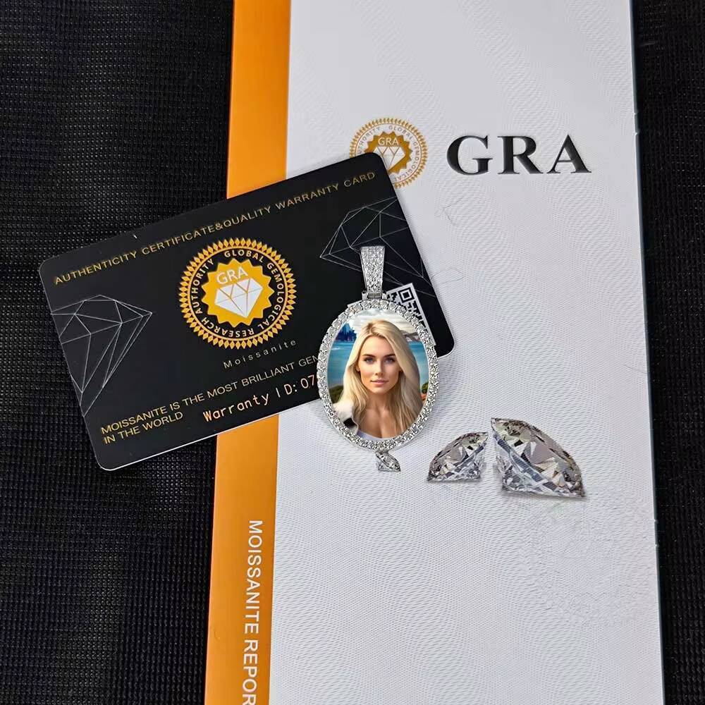 NUOYA 925 Silver VVS Moissanite Diamond Pendant Custom Oval Photo Charm Pendant Iced Out Hip Hop Memorial Jewelry for Men Women