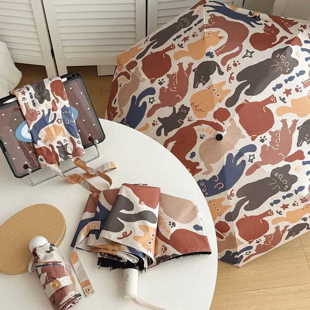 Modern Abstract Cat Printed Auto Umbrella - 3-Fold Portable Design Thick Black Lining Blocks 99 UV Artistic Durable 8 Ribs C251117
