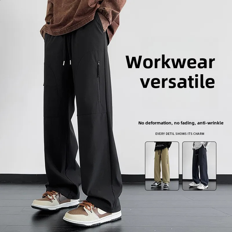 Casual straight hiking pants mens bag wide leg work loose clothing closeup Harajuku fashion 250407