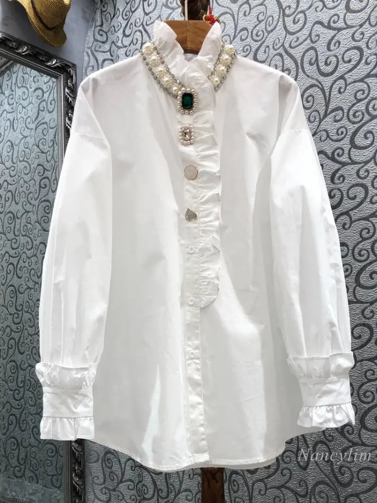 Spring Exquisite Rhinestone Beaded Ruffled Shirt for Women Long Lantern Sleeve Cotton Blusas Ladies White Blouses Loose Top 250415