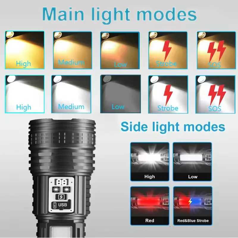 High Power Rechargeable Led Flashlight Super Big Flashlights 14 Modes with COB Multi-functional High-lumen Torch Outdoor Fishing M251117