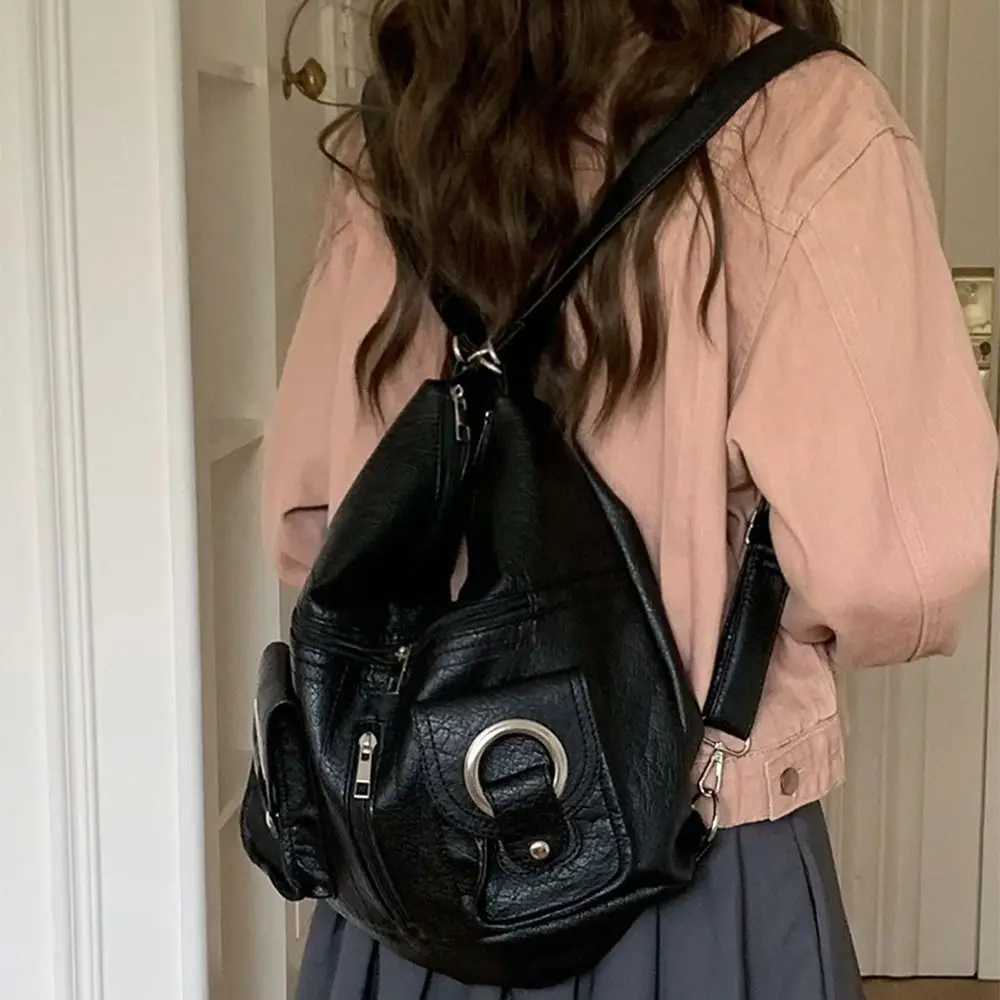 Portable Y2K Retro Shoulder Bag Large Capacity Soft Leather Vintage Backpack Fashion Korean Locomotive Pack GirlsW251115