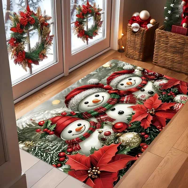 Cute Three Christmas Snowman Welcome Doormat Bathroom Balcony Non-Slip Dirt Resistant Floor Mat Christmas Day Decorative RugM251117
