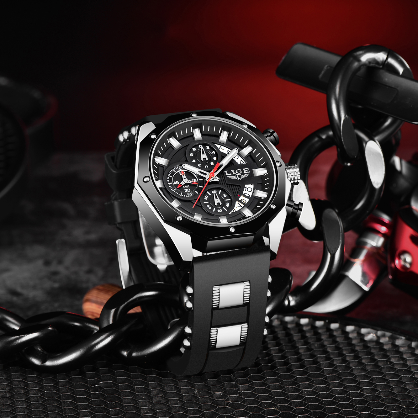 LIGE Mens Watches Brand Luxury Silicone Strap Waterproof Sport Quartz Watch Men Chronograph Military Clock Multi-function chronograph Quarzuhr