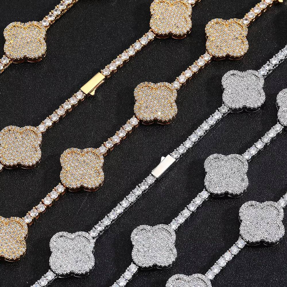 Moissanite New Style Iced Out Diamond Four-leaf Clover Tennis Chain for Women Gold Silver Micro Pave Shiny Zircon Tennis Chain Necklace