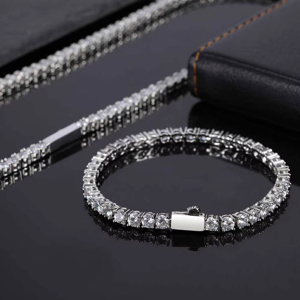 Moissanite Hip Hop Style Iced Out Diamond Fine Jewelry 4mm Silver Plated Diamond Tennis Chain Bracelet for Men Women