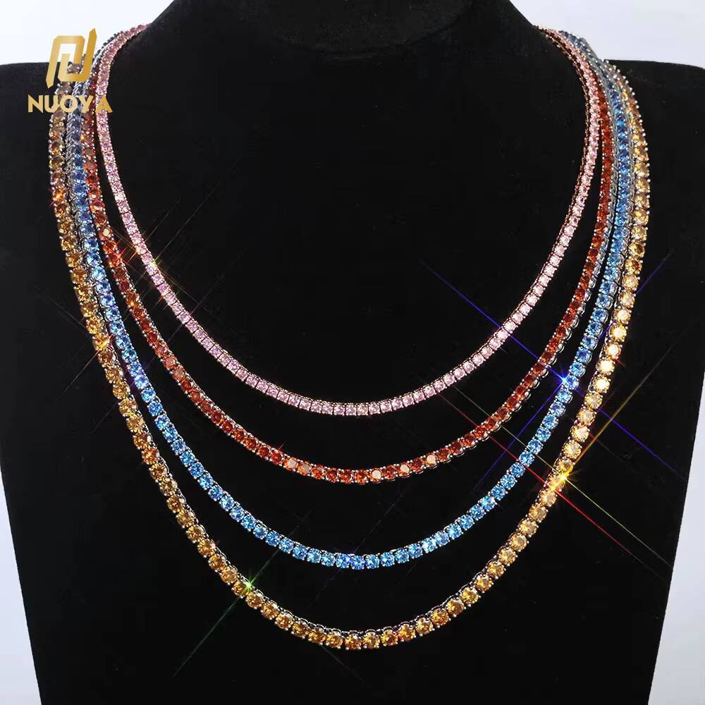Moissanite 5mm Colorful Gemstone Tennis Chain Necklace Silver Plated Necklace Hip Hop Jewelry Shiny Zircon Iced Out Tennis Chain