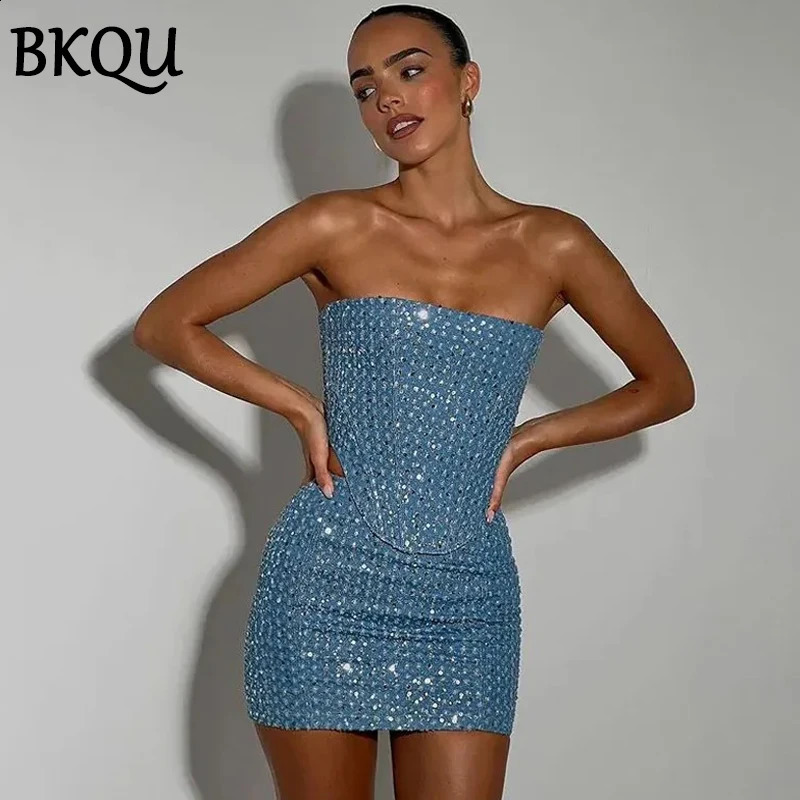 BKQU Women Sequined Denim Two Piece Sets Sexy Strapless Corset Tank Tops and Mini Skirt Sets Summer Party Nightclub Outfits 250415