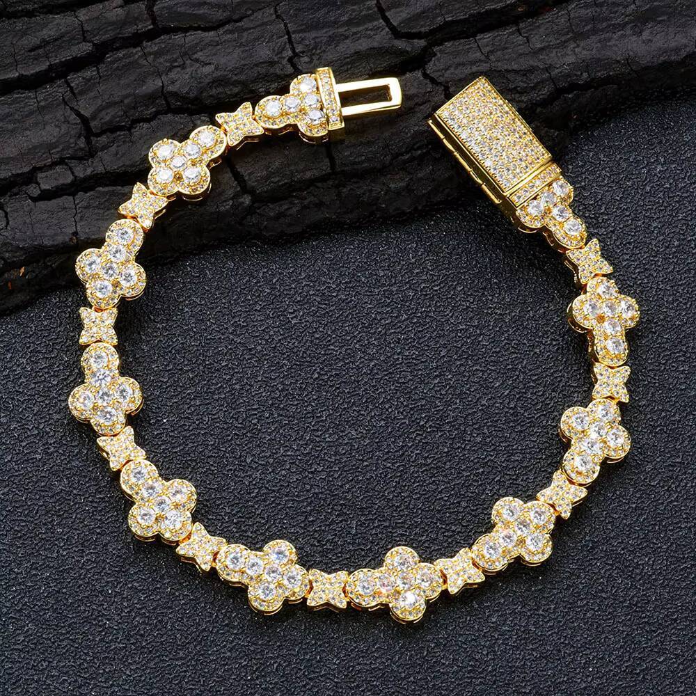 Moissanite 10MM Cross Flower Chain Bracelet 18K Gold Plated Micro Pave CZ Diamond Iced Out Hip Hop Fashion Jewelry Gift