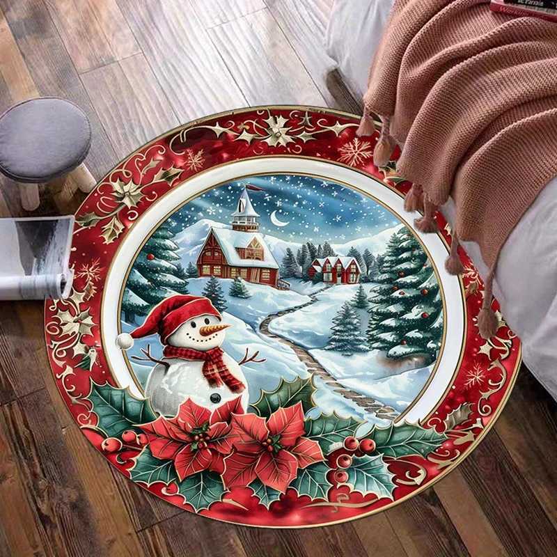 Christmas Snowman Village Scene Round Rug Red Green Winter Holiday Theme Home Decor Living Room Floor Mat Festive DecorationM251117