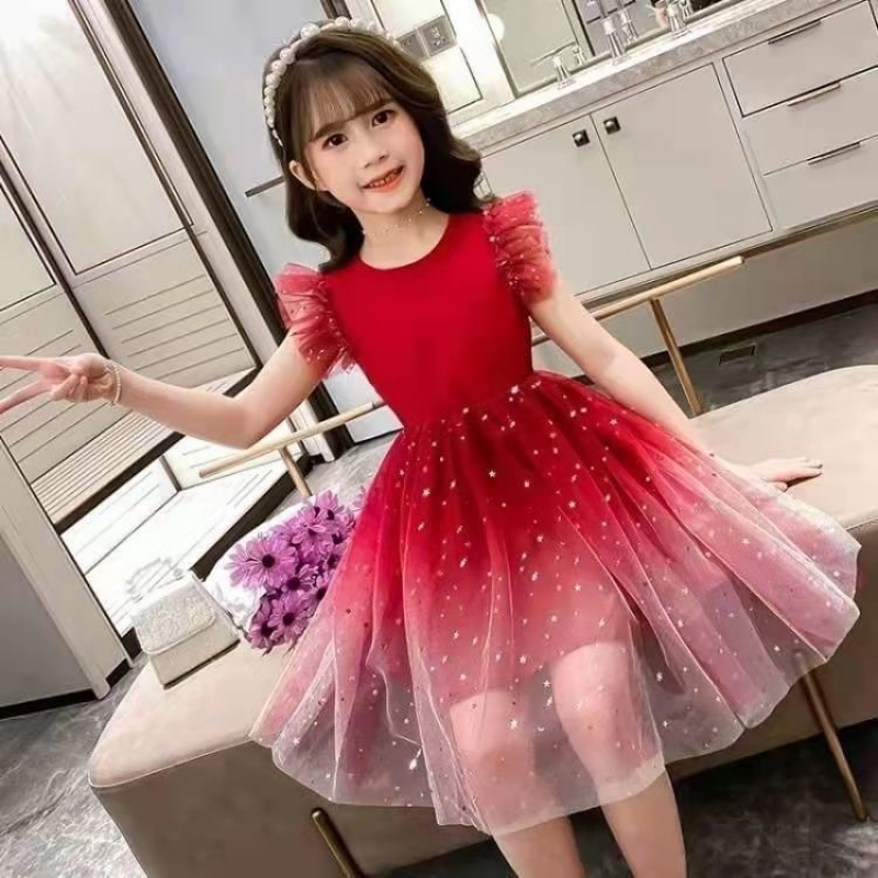 DISNEY kids designer clothes Frozen Elsa princess Girls' Starry Sky Gradient Short Sleeve Dress Princess Dress Puff Sleeve Tulle Skirt for Childr