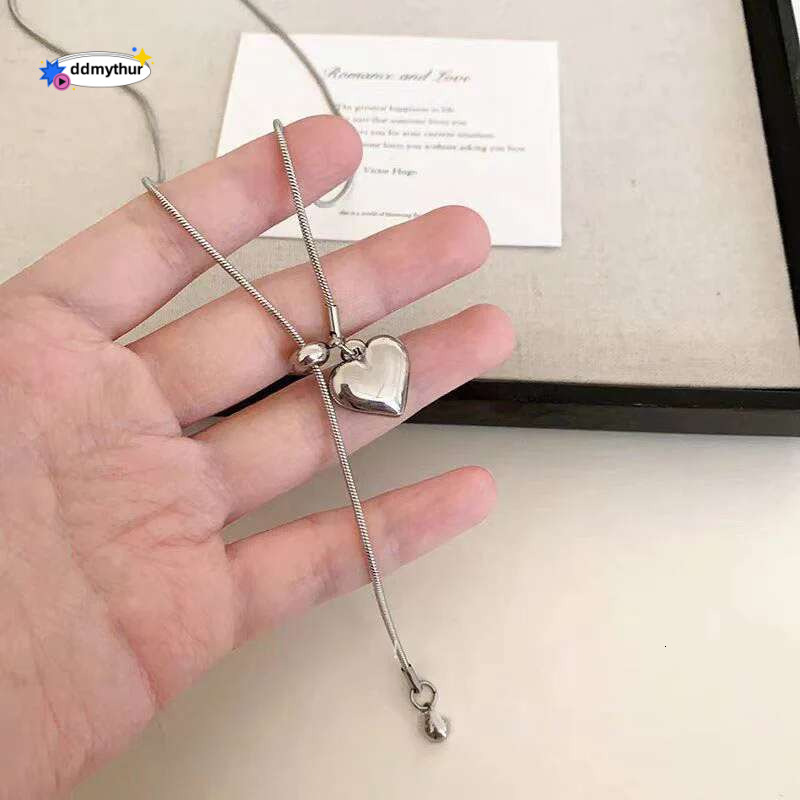 Stainless Steel Long Necklace with Heart Pendant Adjustable Chain Sweater Jewelry for Women Accessories ddmythur