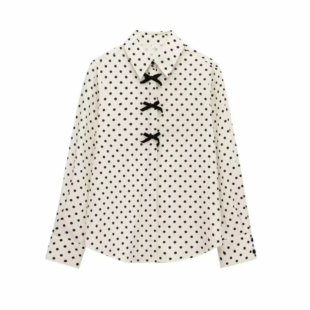 TRAF 2025 Womens Blouses in White Black and Beige Colors with Polka Dot Patterns Black Bow Details Long Sleeves and Collars 250417