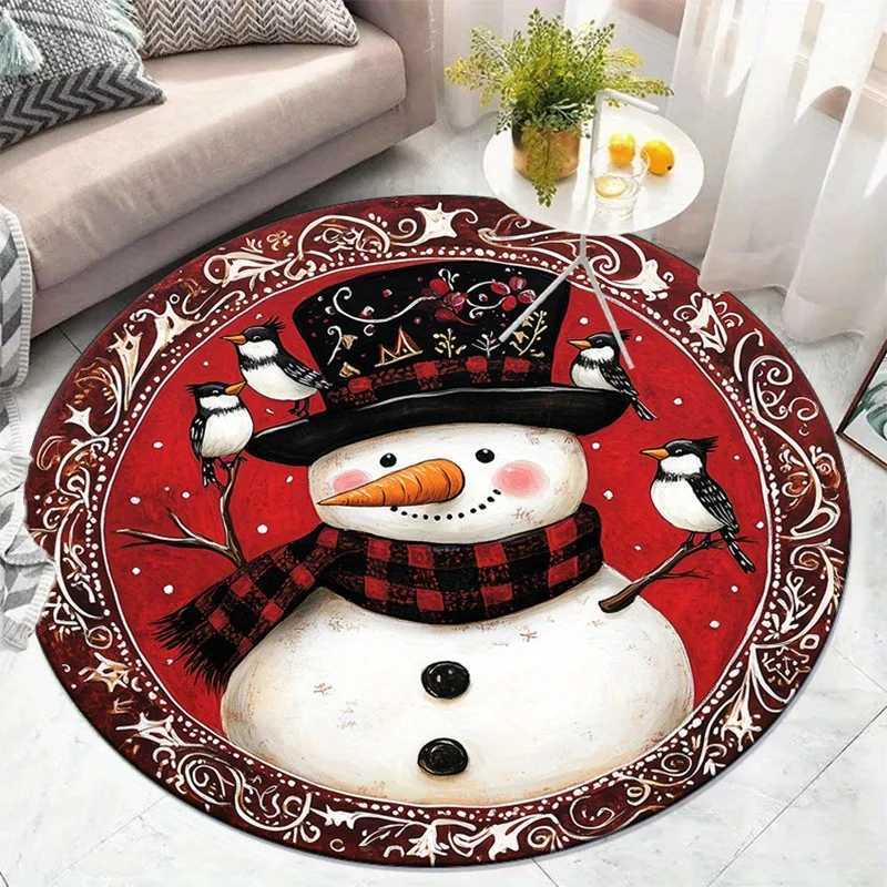Christmas Snowman Birds Red Pattern Round Rug Crystal Velvet Floor Mat Holiday Decor Living Room Bedroom Carpet Festive DesignM251117