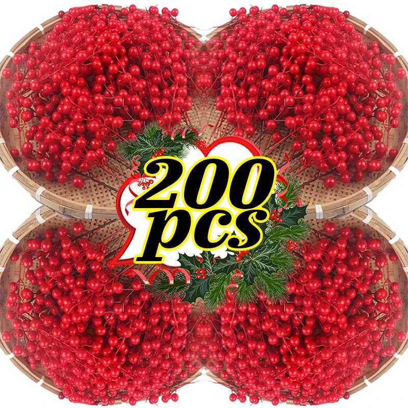200/10pcs Christmas Artificial Red Berries Stems 7 Head Fake Holly Berry Flowers for Xmas Tree Ornaments DIY Wreath Party Decor C251117