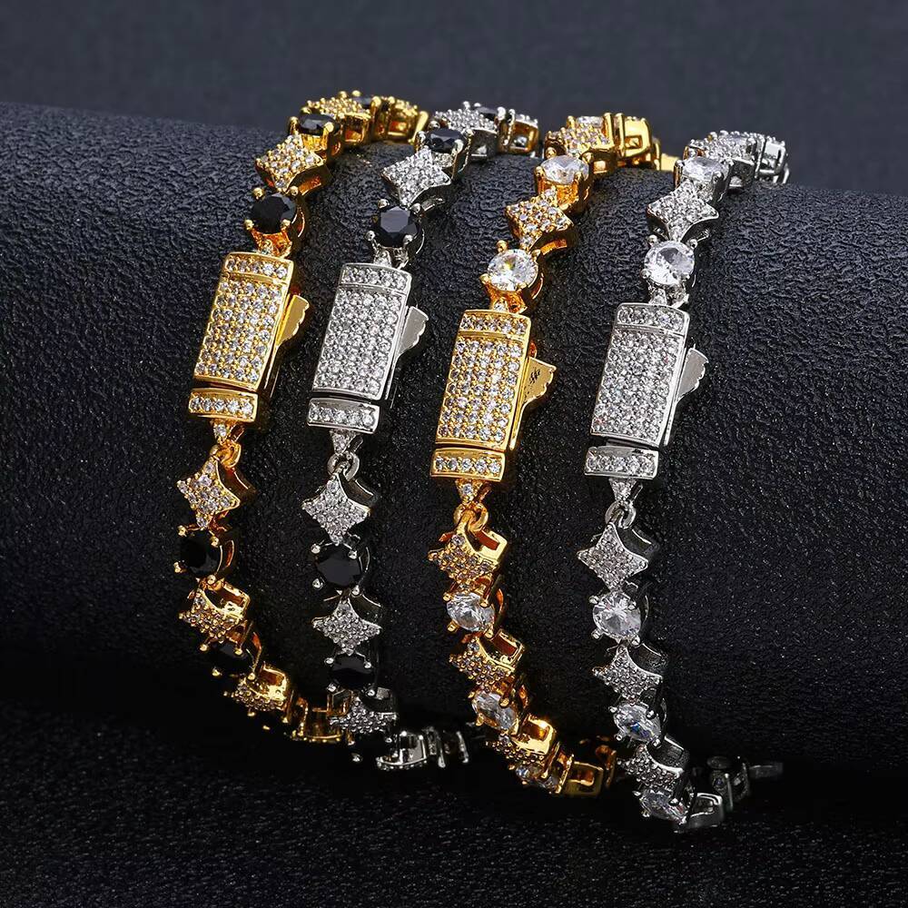 Moissanite 6mm Sparkling Diamond Tennis Chain Necklace Spring Lock Clasp Round Zircon Star Design Iced Out Chain Hip Hop Jewelry