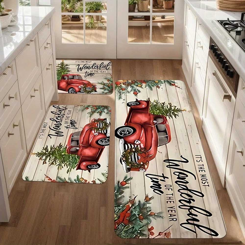 Merry Christmas Snow Resistant Kitchen Mat Polyester Machine Washable Holiday Rug for Kitchen Corridor Bathroom Party DecorM251117