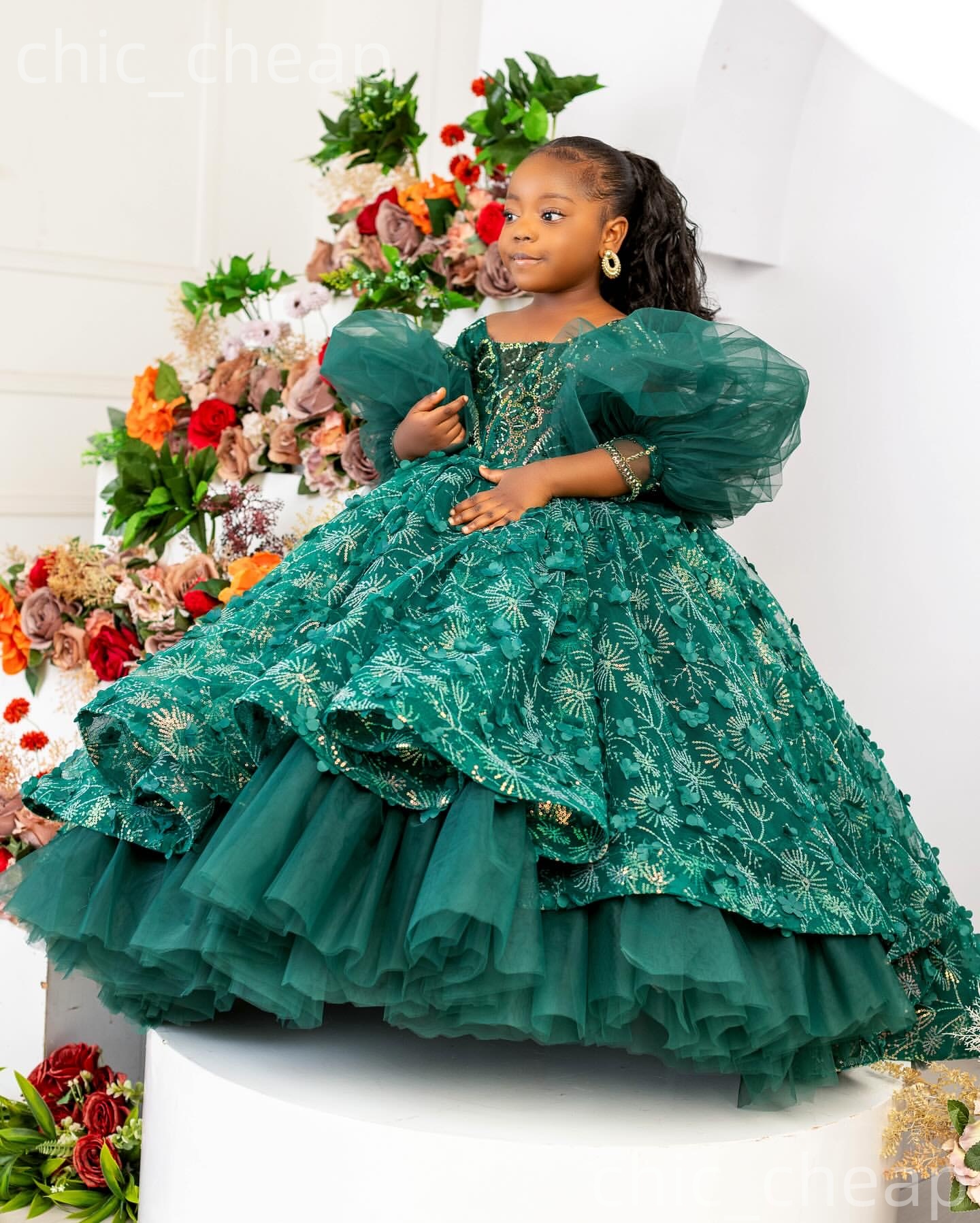 2026 Hunter Green Ball Gown Flower Girl Dresses 3D Floral Lace Long Sleeves Tulle Little Girl Christmas Peageant Birthday Christening Tutu Dress Gowns