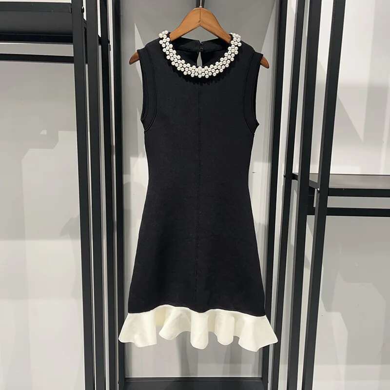 Faux Pearl Embellished-Neck Mini For Women Ruffled Hem Knitted Sleeveless Elegant Spring Dress 2025